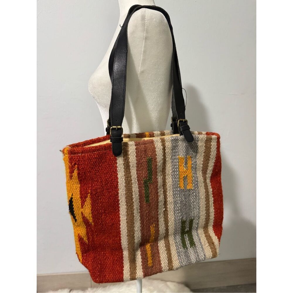 Raj southwest Aztec print wool leather straps saddle blanket tote bag boho